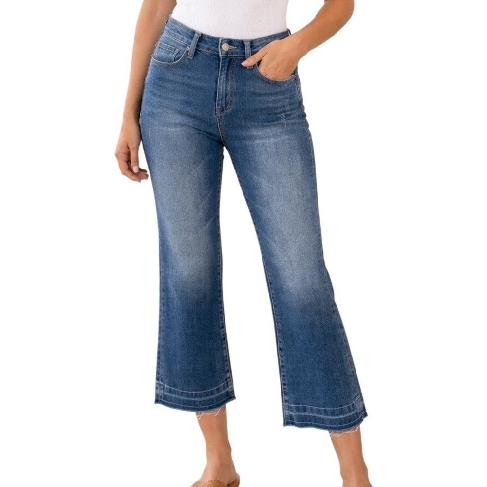 Mavi Anika Crop Flare Jeans Womens 27 Blue Excellent Mid Rise Raw Hem Distressed